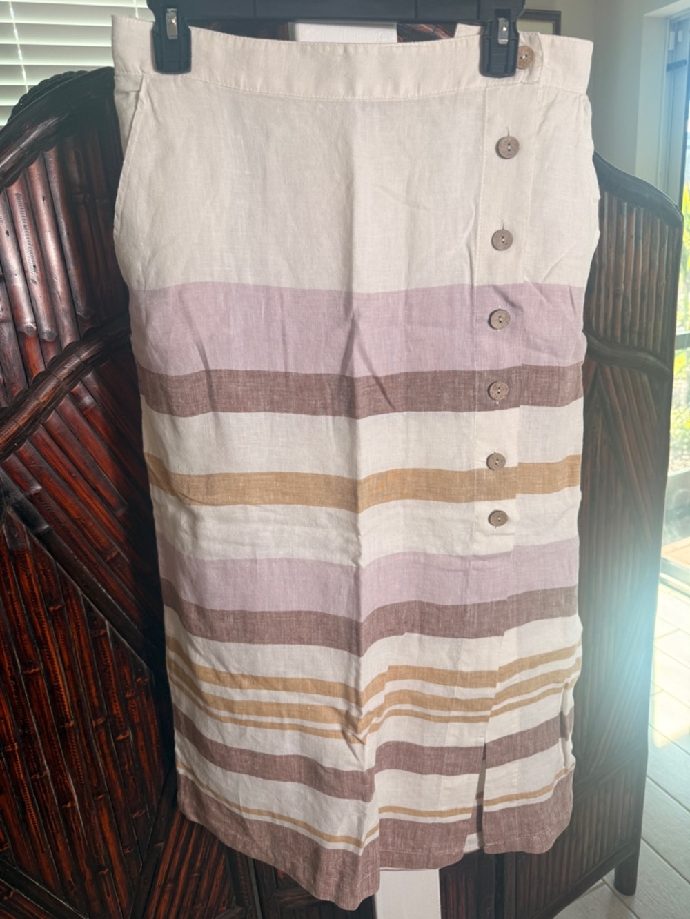 Rachel Zoe Cream Linen Midi Skirt with Pink, Brown & Tan Stripes